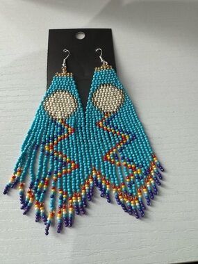 Turquoise Beaded Fringe Earrings with Cream Center - Boho Statement